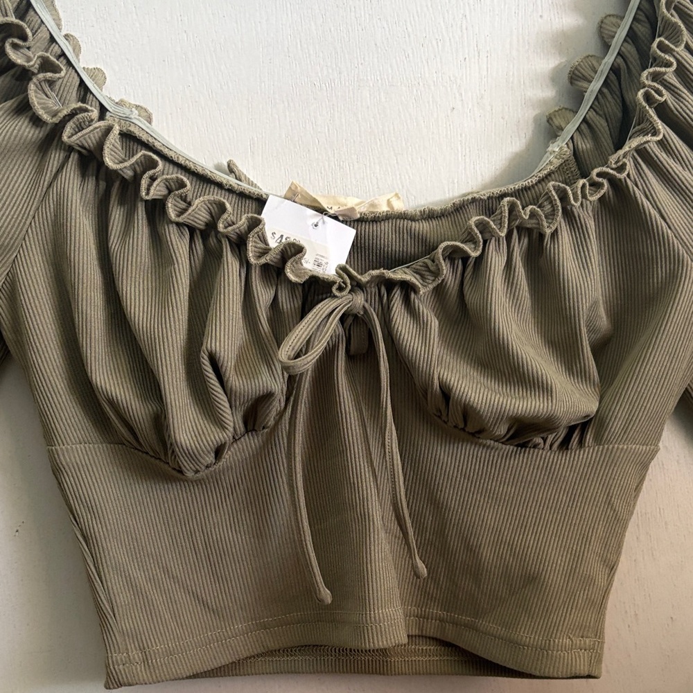 Ribbed Olive Drawstring Bust Crop Top - Women